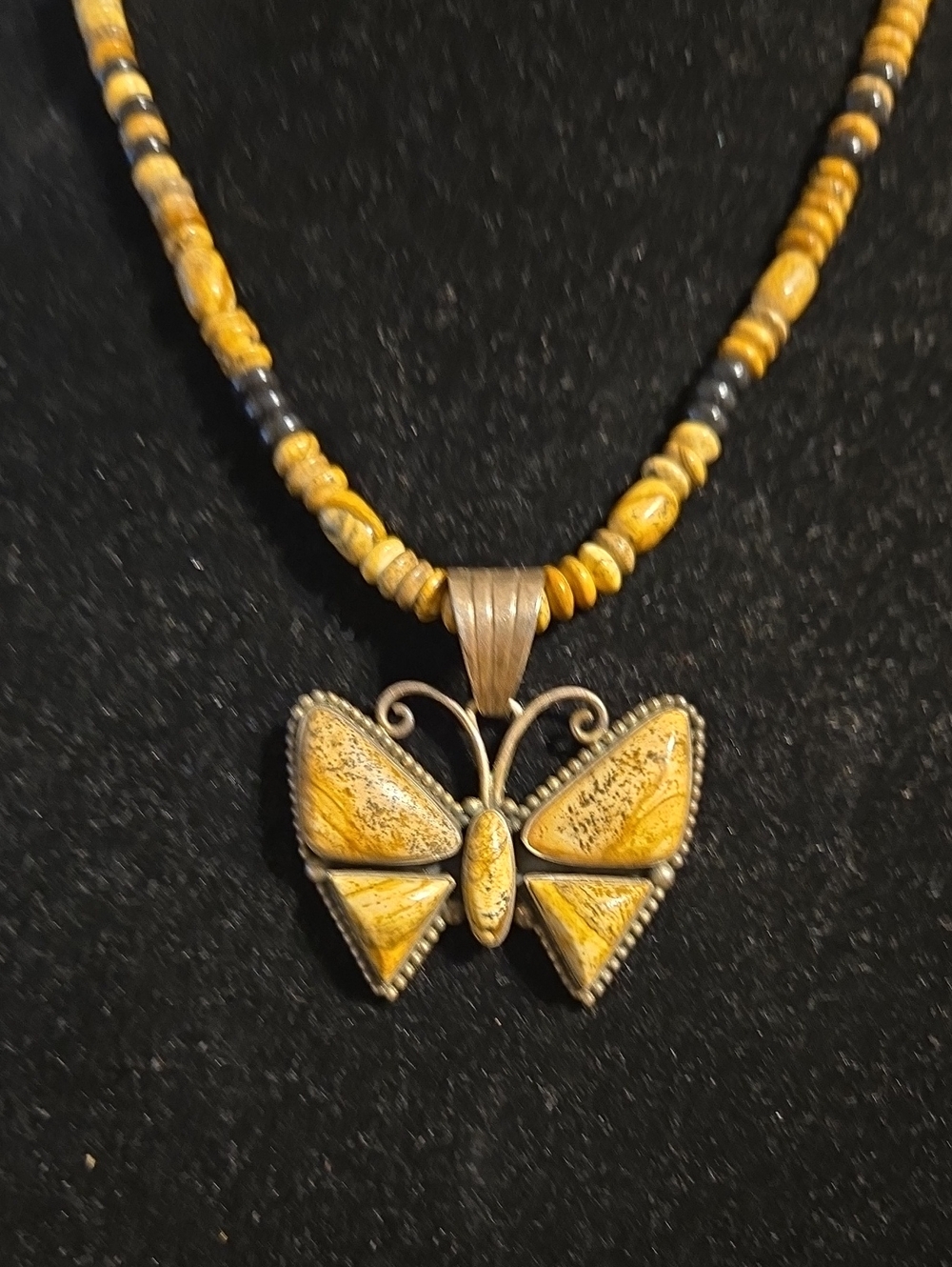 Vintage Dan Dodson Signed Sterling  2" Picture Jasper Butterfly Pendant Necklace